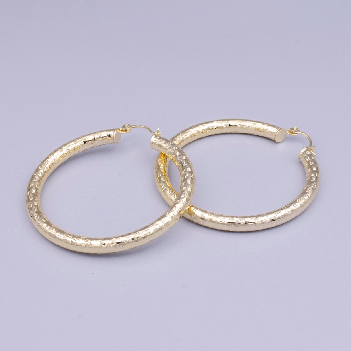 14K Gold Filled 35mm, 55mm, 50mm Line-Texture Multifaceted French Lock Latch Hoop Earrings | AE001 - AE003 - DLUXCA