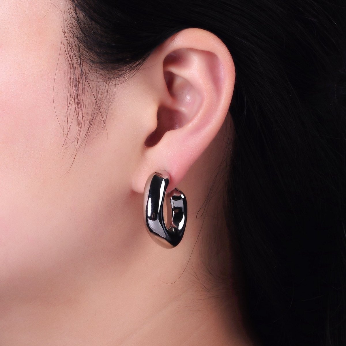 14K Gold Filled 35mm Chubby Rhombus C-Shaped Hoop Earrings in Gold & Silver | AE214 AE384 - DLUXCA