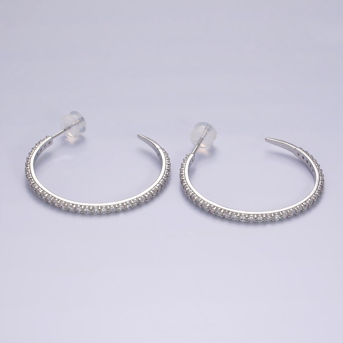 14K Gold Filled 35mm Clear CZ Lined C-Shaped Hoop Earrings in Gold & Silver | AE153 AE154 - DLUXCA