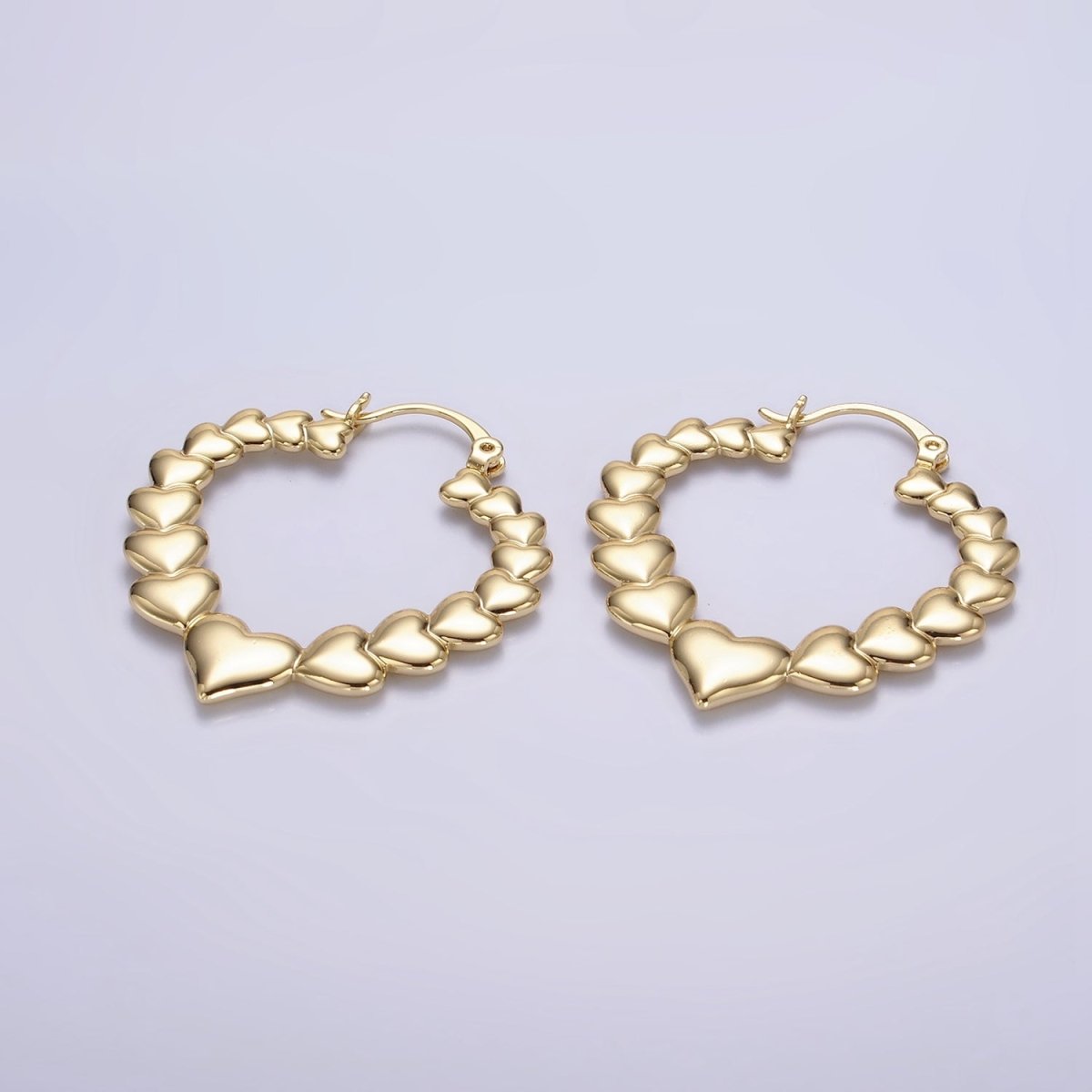 14K Gold Filled 35mm Puffed Heart Lined French Lock Latch Hoop Earrings | AE728 - DLUXCA