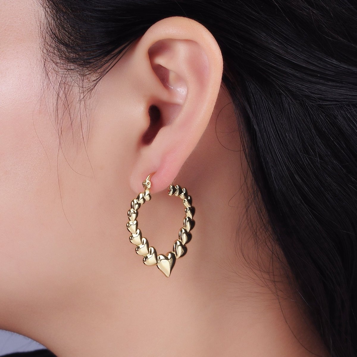 14K Gold Filled 35mm Puffed Heart Lined French Lock Latch Hoop Earrings | AE728 - DLUXCA