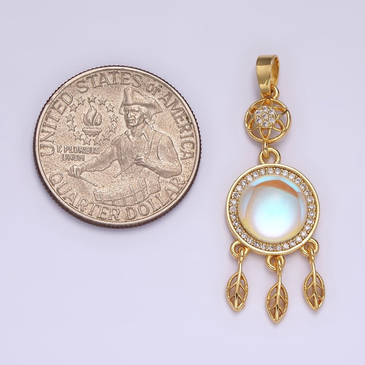 14K Gold Filled 39.5mm Moonstone Micro Paved CZ Celestial Star Dreamcatcher Pendant | N-1824 - DLUXCA