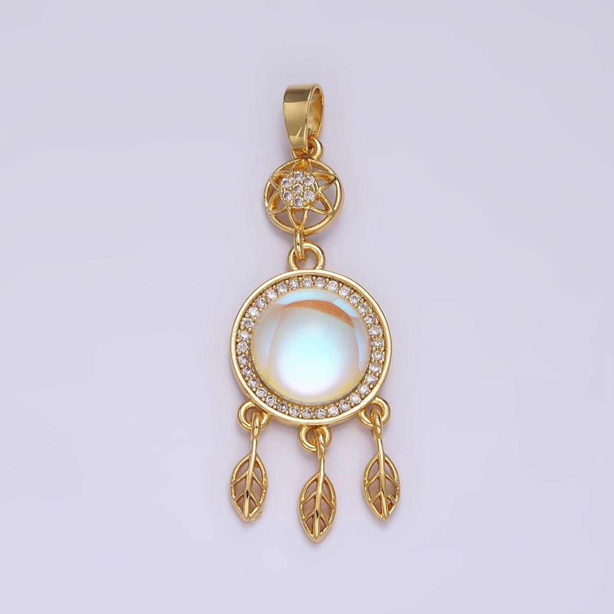 14K Gold Filled 39.5mm Moonstone Micro Paved CZ Celestial Star Dreamcatcher Pendant | N-1824 - DLUXCA