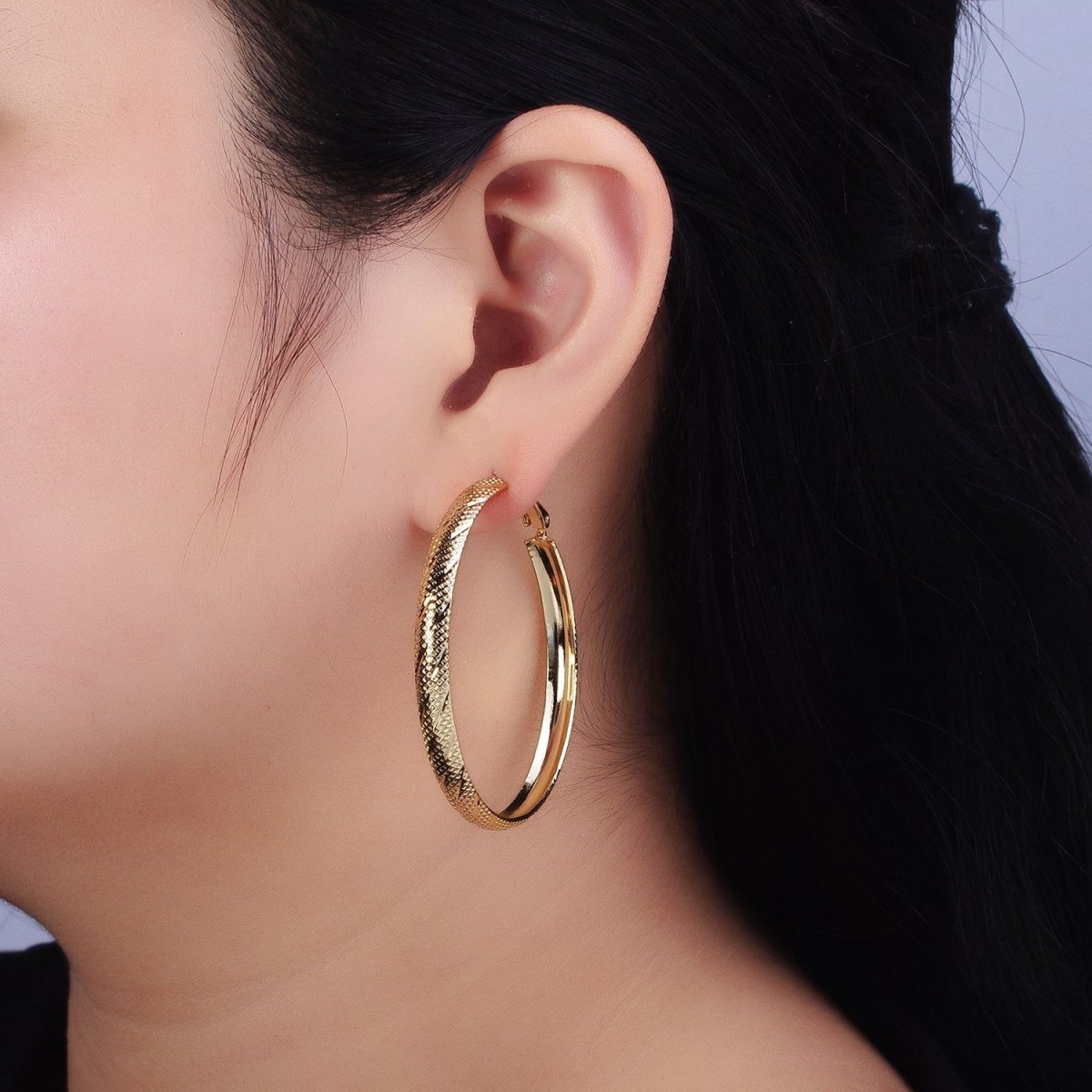 14K Gold Filled 40mm, 50mm Rhombus Lined Textured Hinge Hoop Earrings | AE057 AE058 - DLUXCA