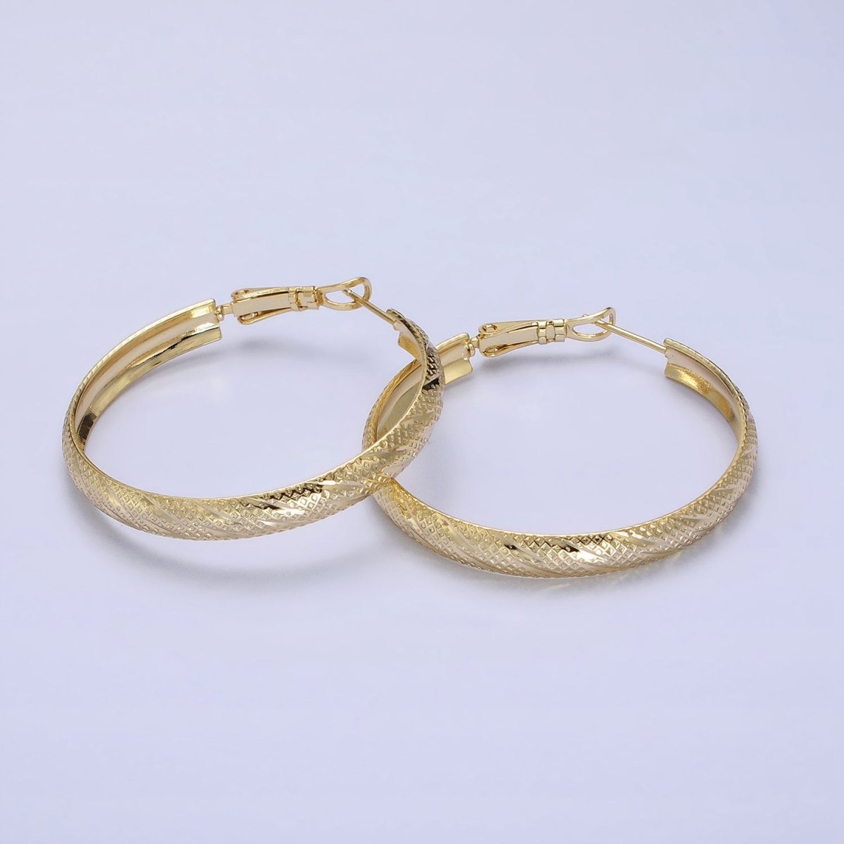 14K Gold Filled 40mm, 50mm Rhombus Lined Textured Hinge Hoop Earrings | AE057 AE058 - DLUXCA