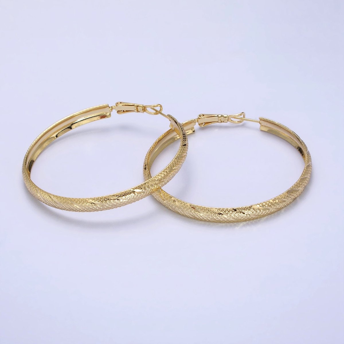 14K Gold Filled 40mm, 50mm Rhombus Lined Textured Hinge Hoop Earrings | AE057 AE058 - DLUXCA