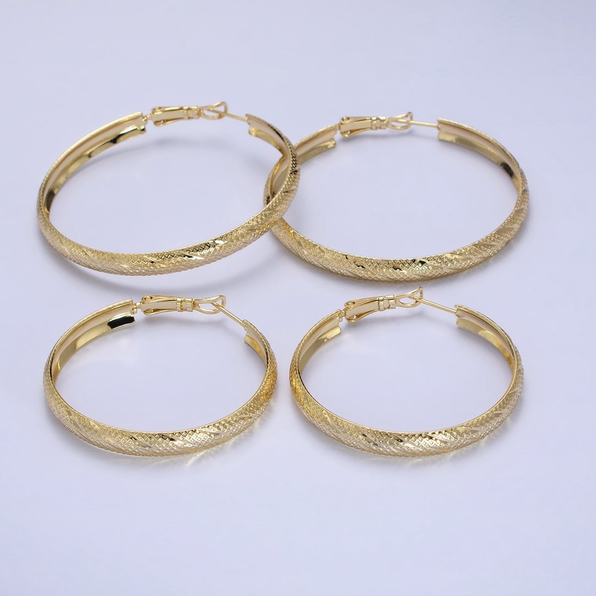 14K Gold Filled 40mm, 50mm Rhombus Lined Textured Hinge Hoop Earrings | AE057 AE058 - DLUXCA