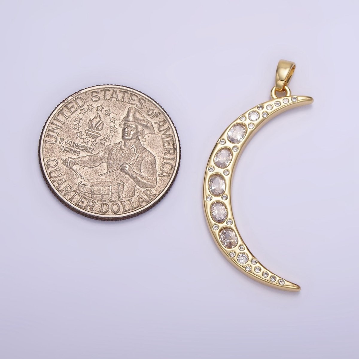 14K Gold Filled 40mm Clear CZ Oval Dotted Celestial Crescent Moon Pendant | AH147 - DLUXCA