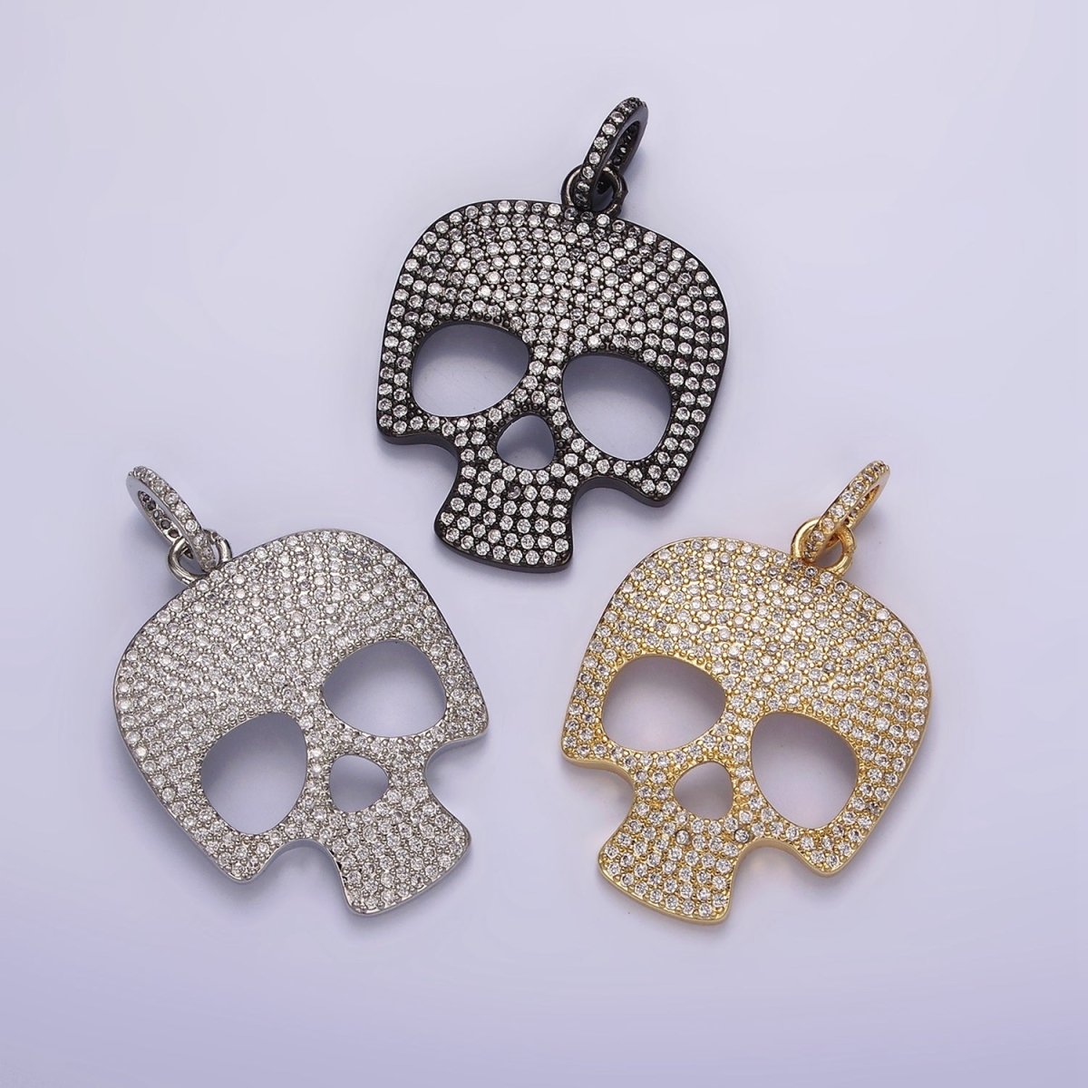 14K Gold Filled 40mm Skeleton Skull Clear Micro Paved CZ Charm in Black, Gold & Silver | AC845 - AC847 - DLUXCA