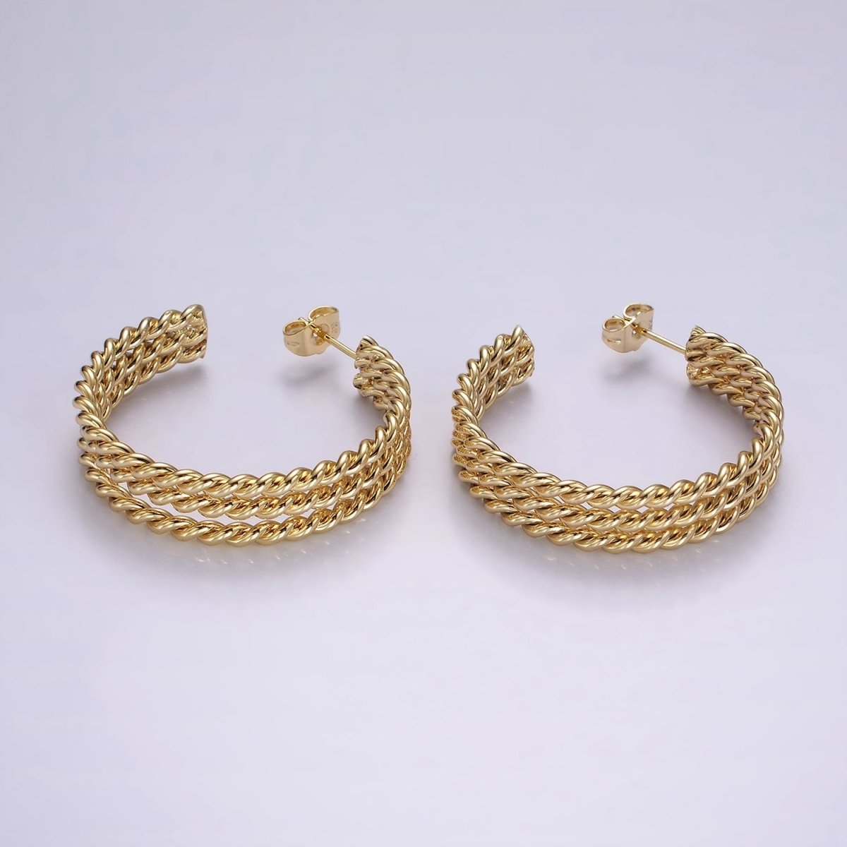 14K Gold Filled 40mm Triple Twisted Croissant Rope C-Shaped Hoop Earrings | AE404 - DLUXCA