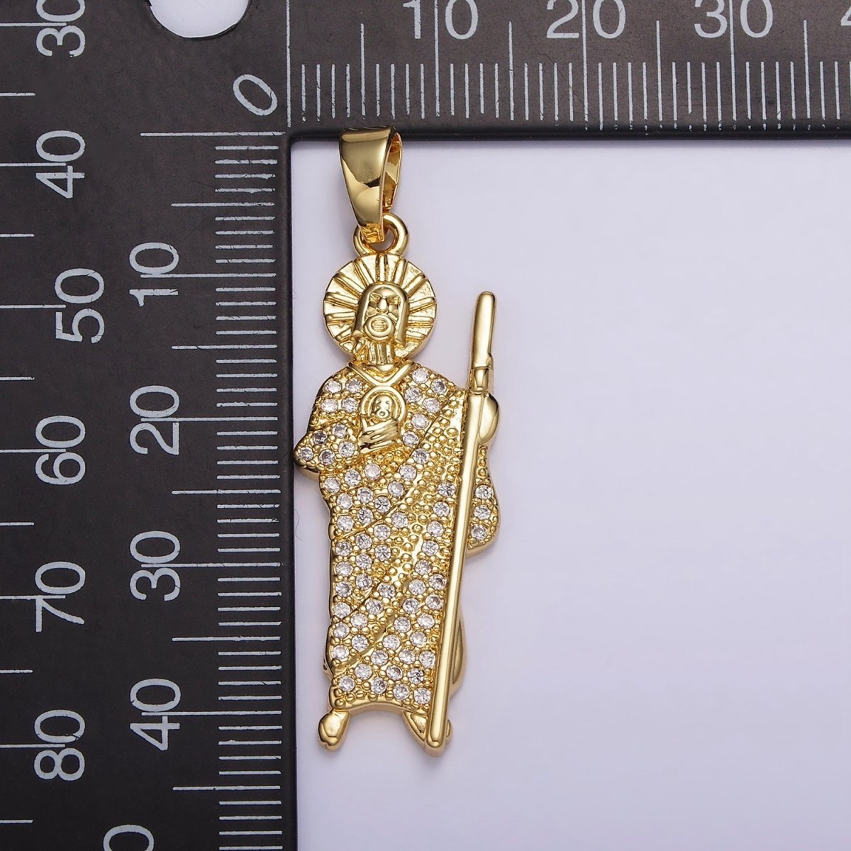 14K Gold Filled 43mm Saint Jude Religious Figure Clear Micro Paved CZ Pendant | N1780 - DLUXCA