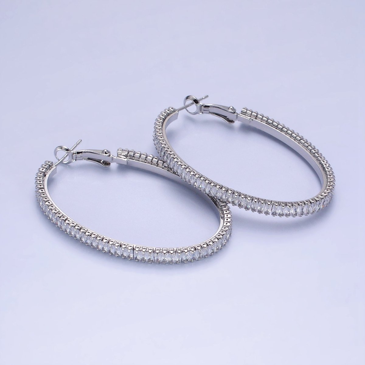 14K Gold Filled 50mm Clear CZ Baguette Tennis Hinge Hoop Earrings in Gold & Silver | AE503 AE504 - DLUXCA