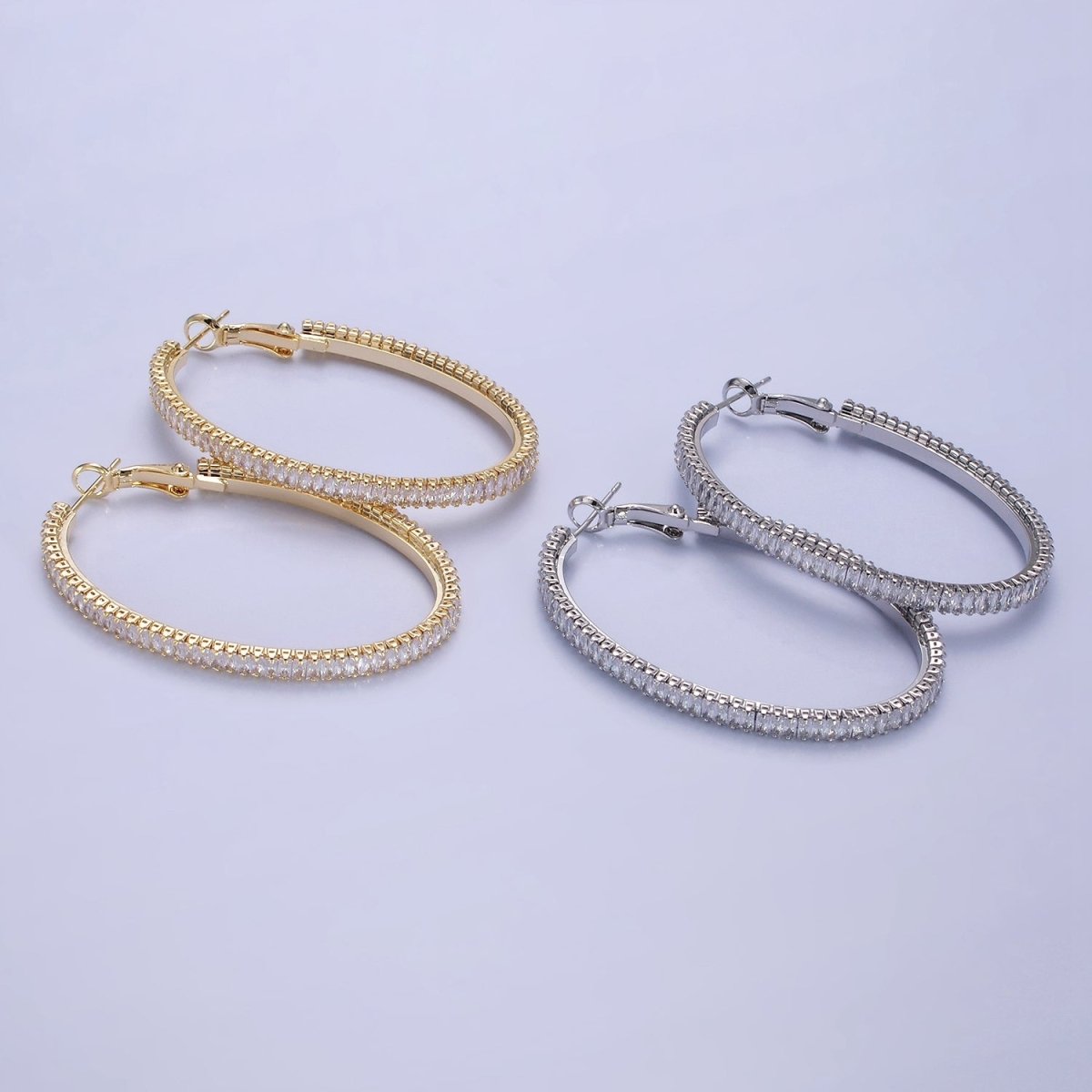 14K Gold Filled 50mm Clear CZ Baguette Tennis Hinge Hoop Earrings in Gold & Silver | AE503 AE504 - DLUXCA