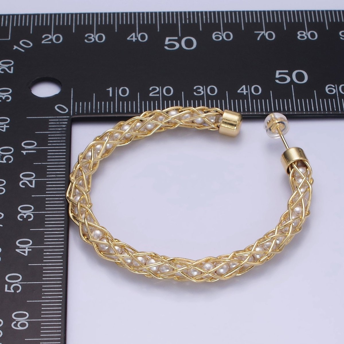 14K Gold Filled 50mm Pearl Lined Wire Intertwined C-Shaped Hoop Earrings | AE518 - DLUXCA