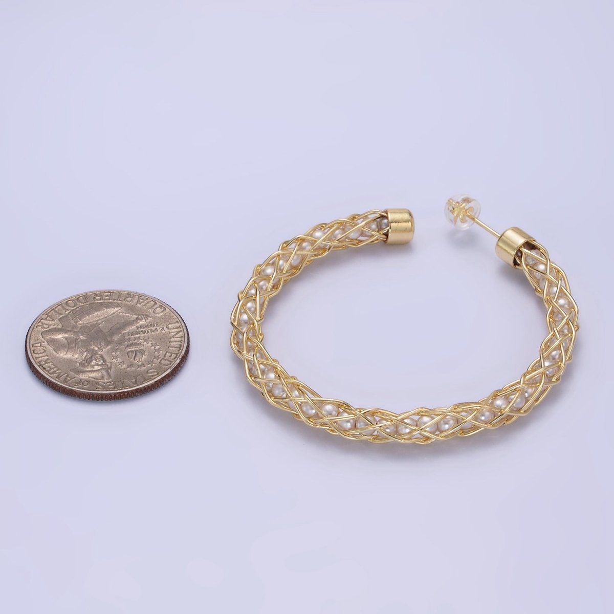 14K Gold Filled 50mm Pearl Lined Wire Intertwined C-Shaped Hoop Earrings | AE518 - DLUXCA