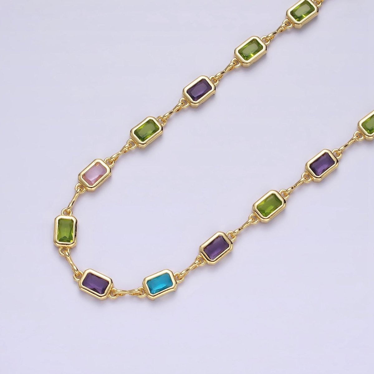 14K Gold Filled 5.3mm Multicolor CZ Baguette Figure Eight Link Designed Unfinished Chain For Jewelry Making | ROLL-1362 Clearance Pricing - DLUXCA