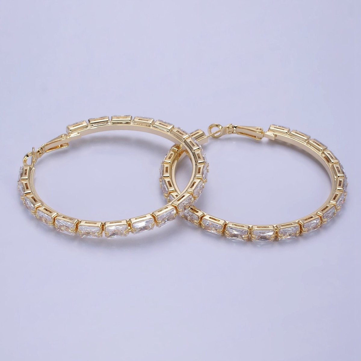 14K Gold Filled 55mm Clear CZ Baguette Hinge Hoop Earrings in Gold & Silver | AE493 AE494 - DLUXCA