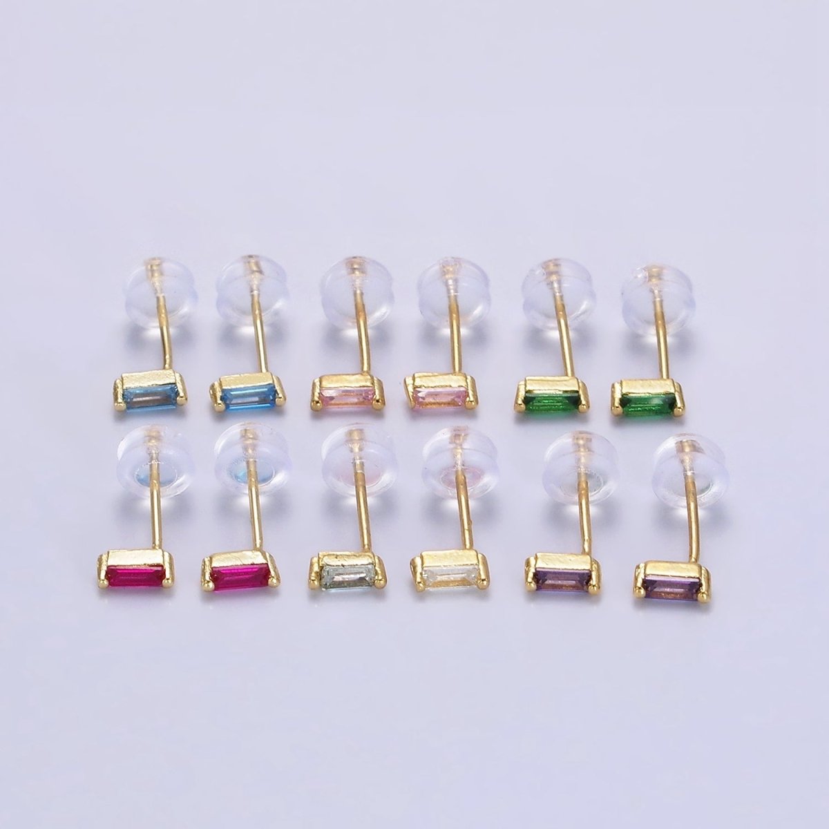 14K Gold Filled 5mm Green, Purple, Fuchsia, Clear, Pink, Blue CZ Baguette Stud Earrings | AE664 - AE669 - DLUXCA