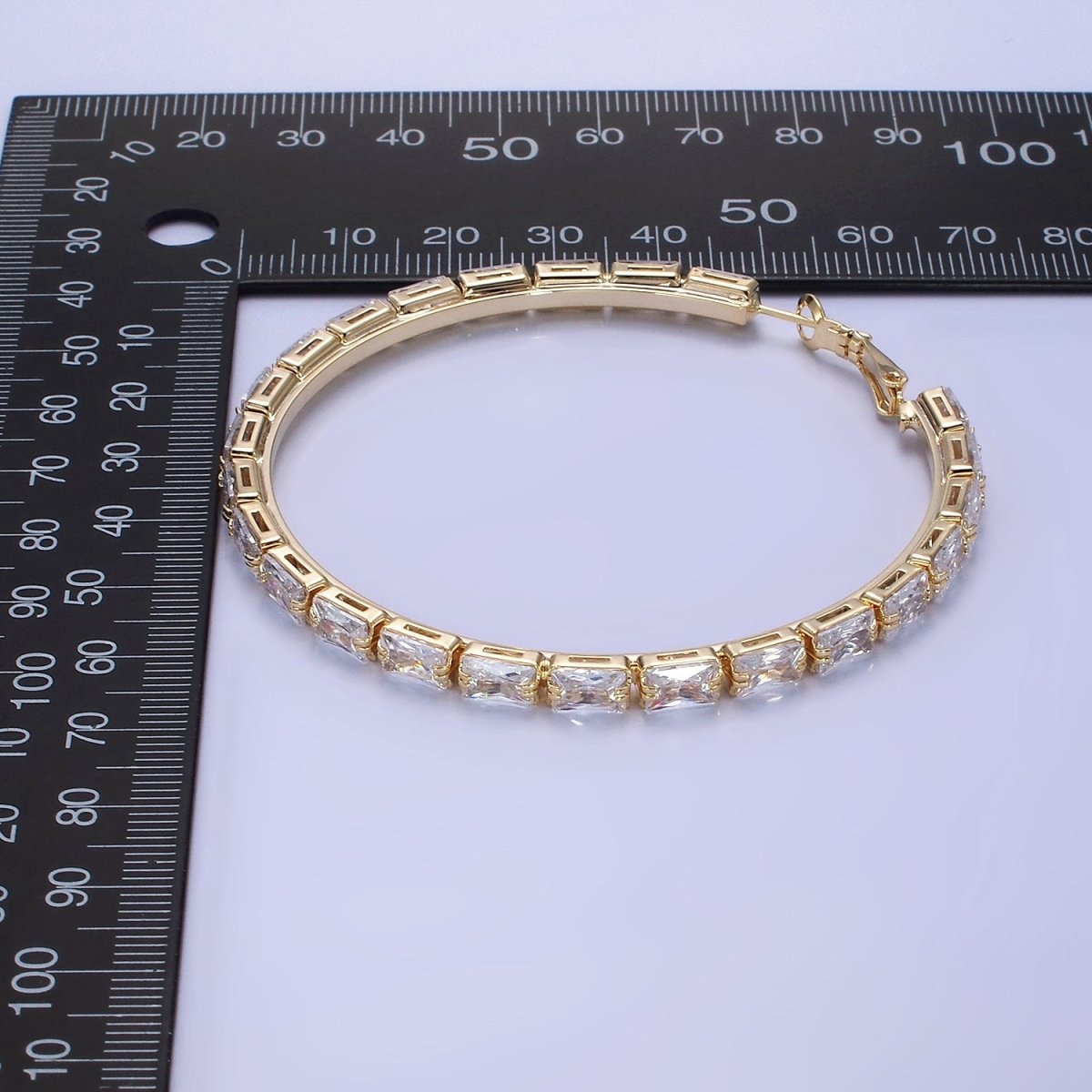 14K Gold Filled 70mm Clear CZ Baguette Lined Hinge Hoop Earrings in Gold & Silver | AE511 AE512 - DLUXCA