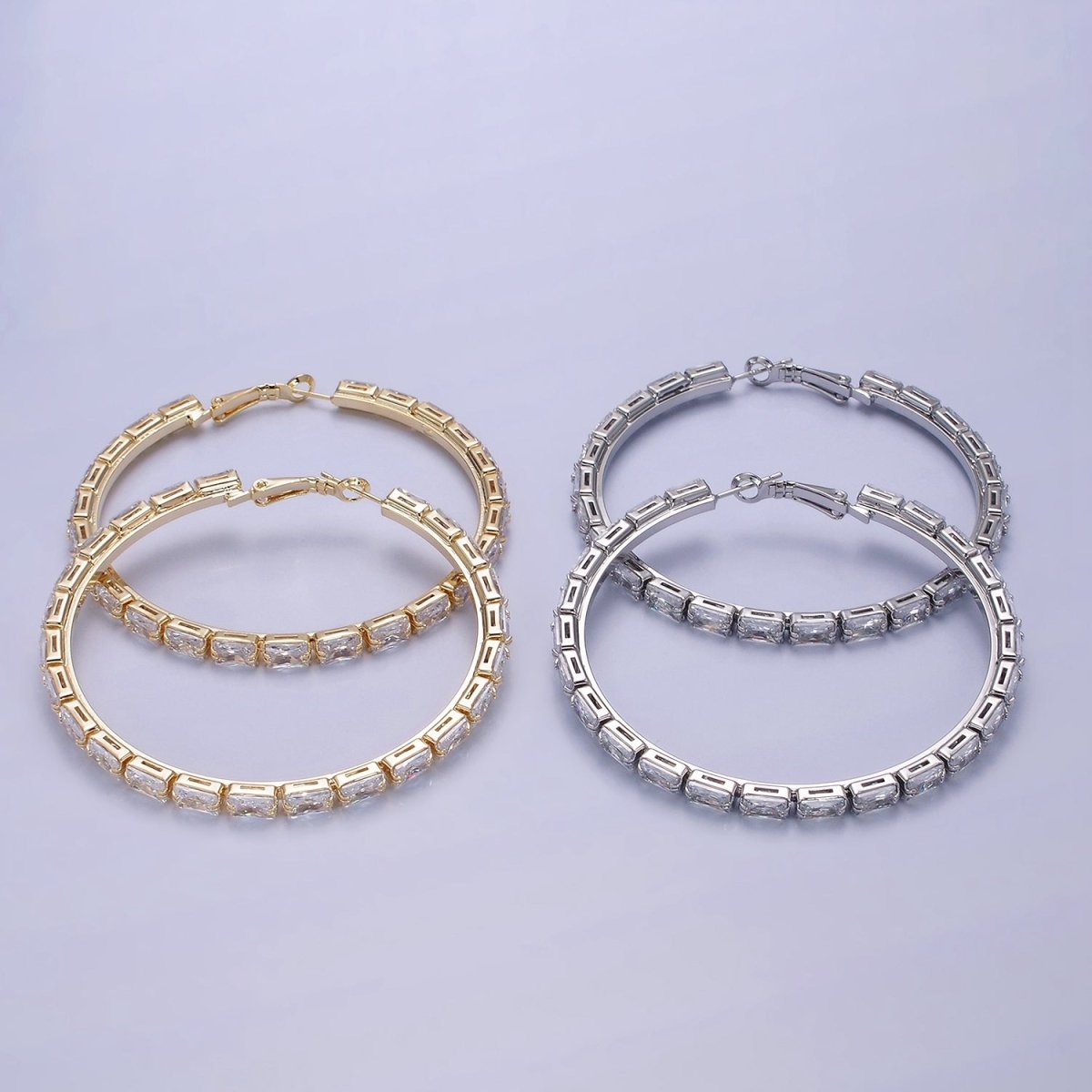 14K Gold Filled 70mm Clear CZ Baguette Lined Hinge Hoop Earrings in Gold & Silver | AE511 AE512 - DLUXCA