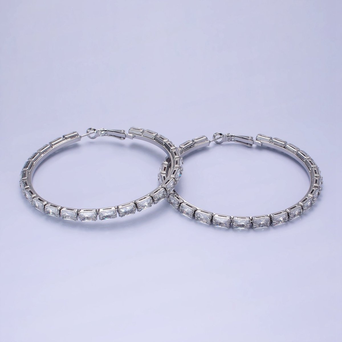 14K Gold Filled 70mm Clear CZ Baguette Lined Hinge Hoop Earrings in Gold & Silver | AE511 AE512 - DLUXCA