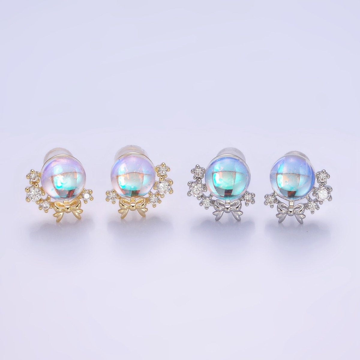 14K Gold Filled AB Iridescent CZ Circular Ribbon Bow Stud Earrings in Gold & Silver | V498 V499 - DLUXCA