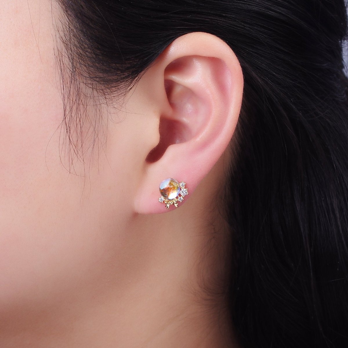14K Gold Filled AB Iridescent CZ Circular Ribbon Bow Stud Earrings in Gold & Silver | V498 V499 - DLUXCA