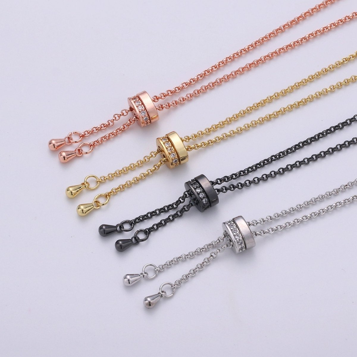 14k Gold Filled Adjustable Necklace Half finished Chain Necklace with rubber stopper Rose Gold, Silver, Black Rolo Chain Wholesale 1pc/10pcs K-520 - K-523 - DLUXCA