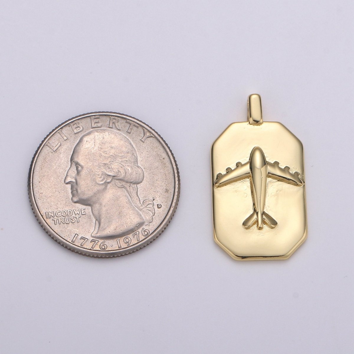 14K Gold Filled Airplane Charm- Rectangle Medallion Airplane Pendant - Dainty Charm - for Necklace Bracelet Earring Component J-035 - DLUXCA