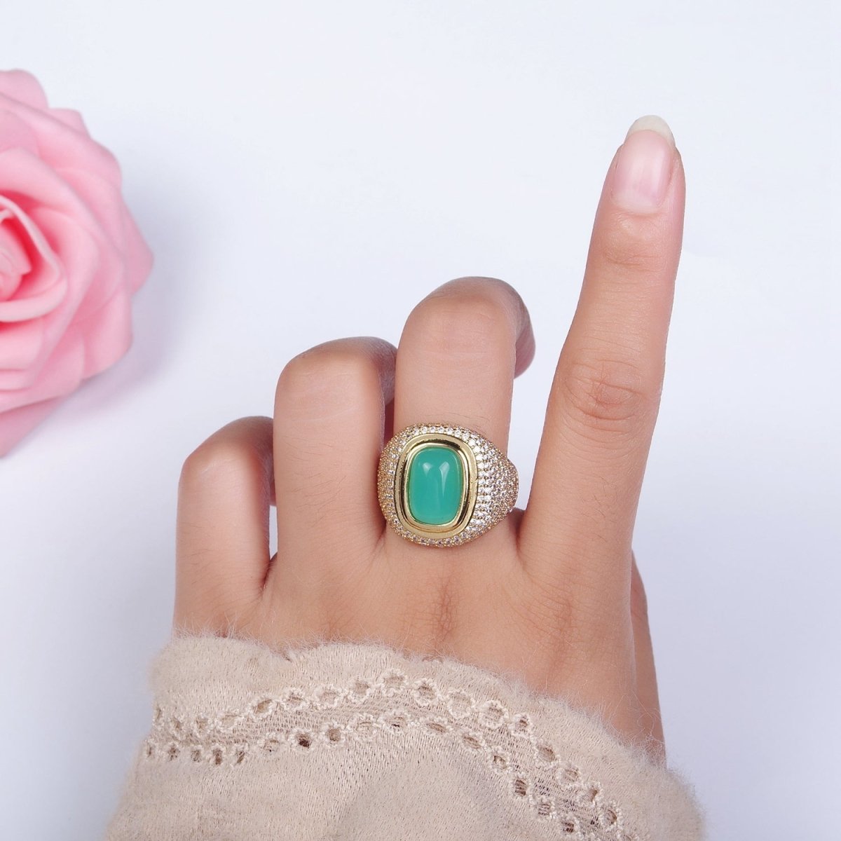 14K Gold Filled Amazonite Gemstone Clear Micro Paved CZ Wide Signet Ring | O1095 - DLUXCA