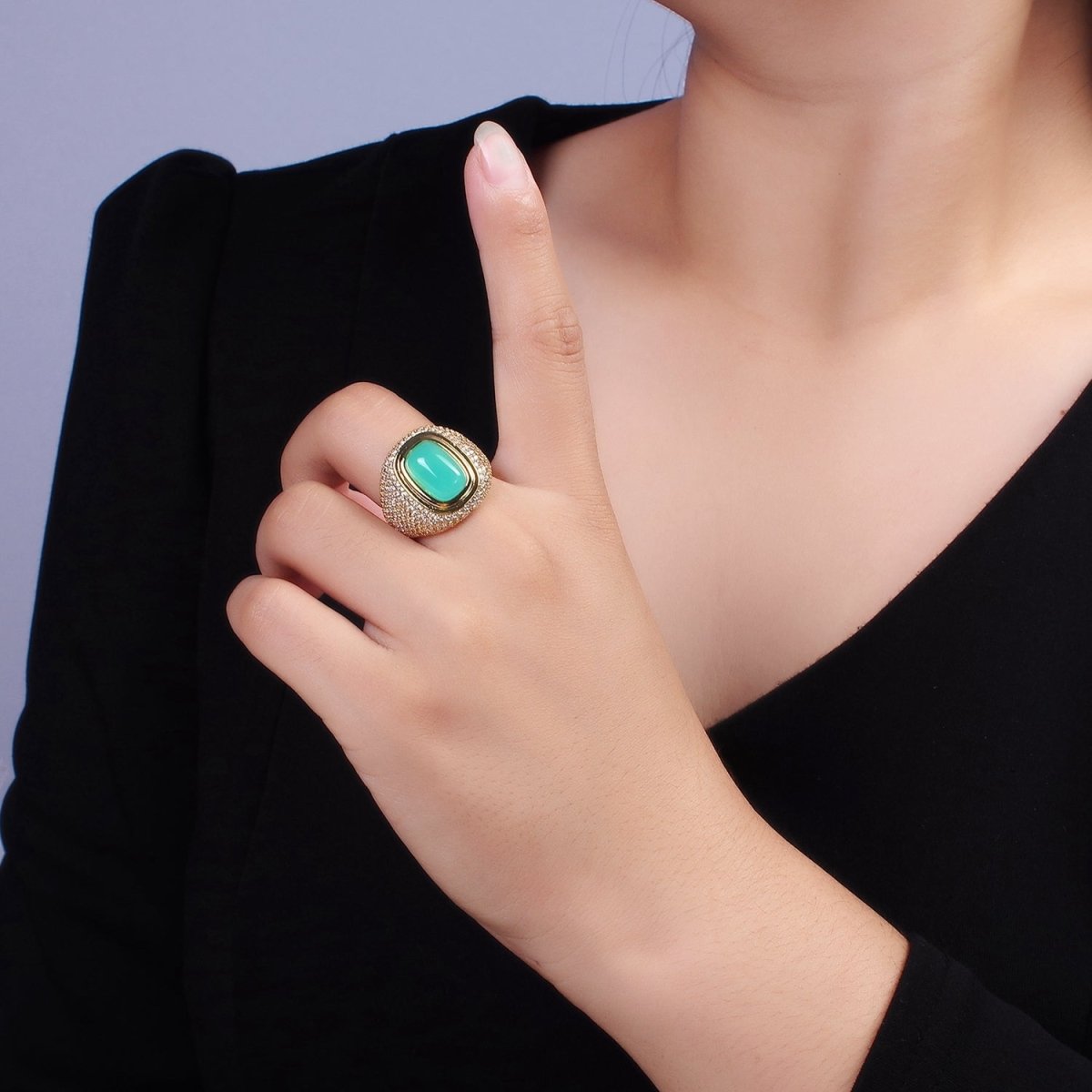 14K Gold Filled Amazonite Gemstone Clear Micro Paved CZ Wide Signet Ring | O1095 - DLUXCA