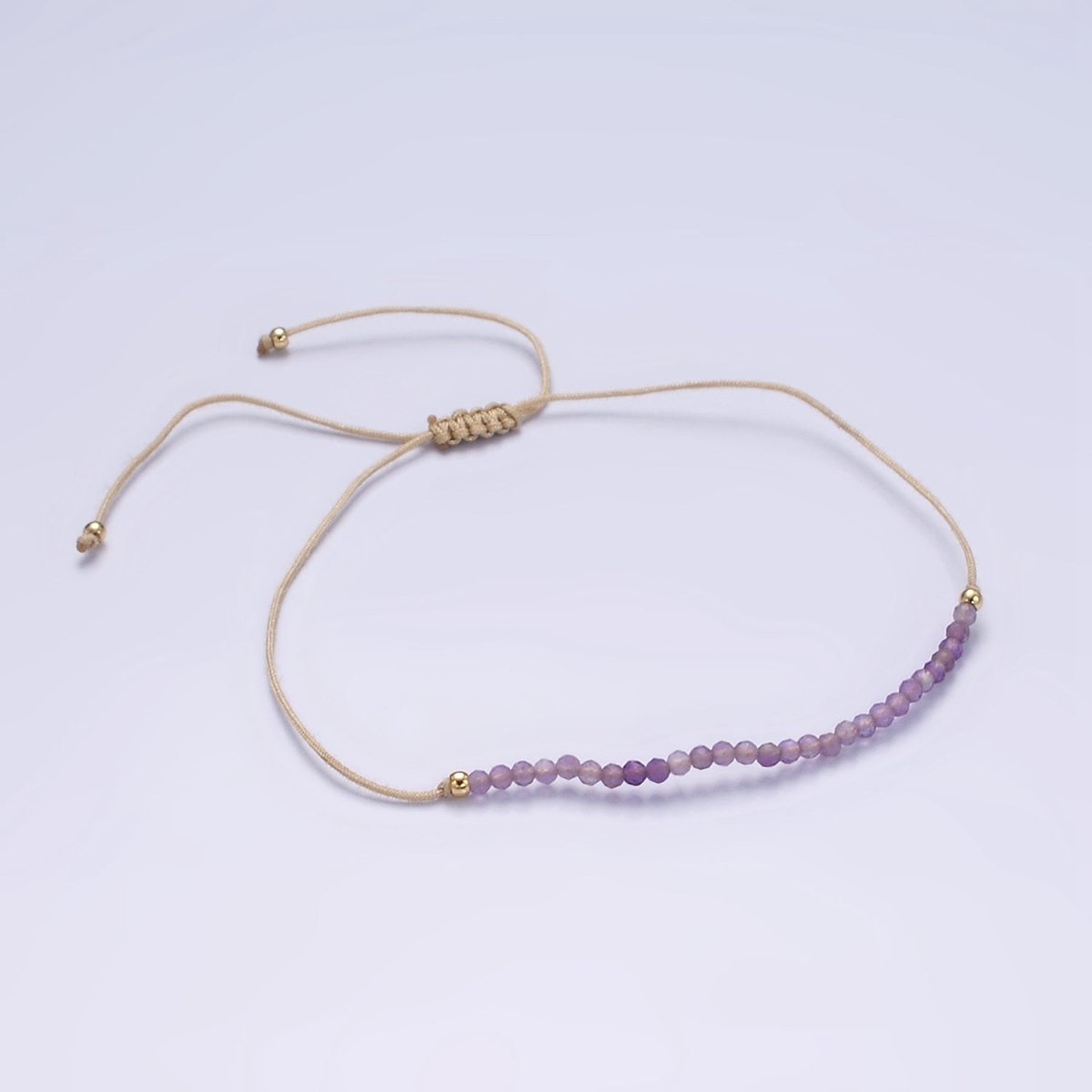 14K Gold Filled Amethyst Multifaceted Beige Rope Adjustable Friendship Bracelet | WA-2187 - WA-2189 Clearance Pricing - DLUXCA