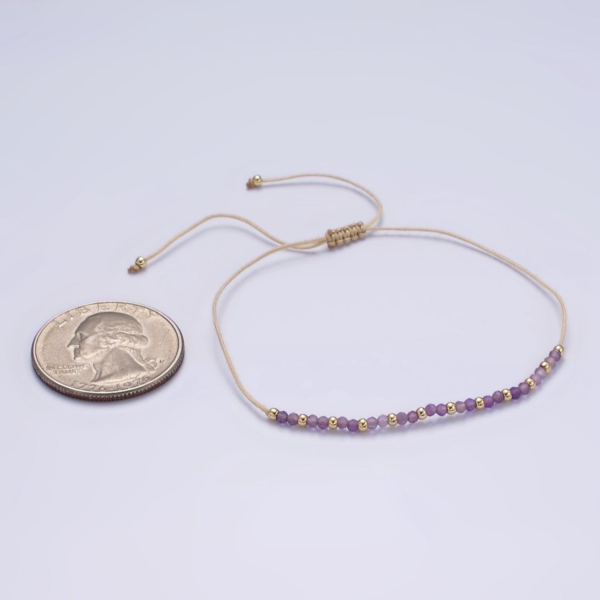 14K Gold Filled Amethyst Multifaceted Beige Rope Adjustable Friendship Bracelet | WA-2187 - WA-2189 Clearance Pricing - DLUXCA