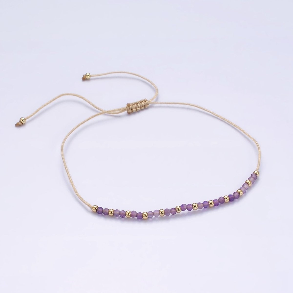 14K Gold Filled Amethyst Multifaceted Beige Rope Adjustable Friendship Bracelet | WA-2187 - WA-2189 Clearance Pricing - DLUXCA