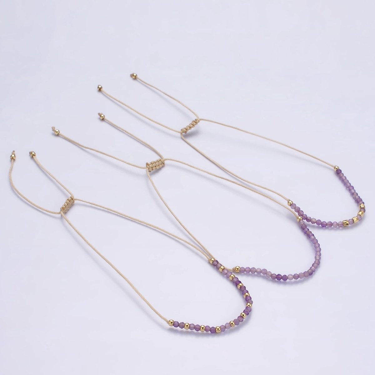 14K Gold Filled Amethyst Multifaceted Beige Rope Adjustable Friendship Bracelet | WA-2187 - WA-2189 Clearance Pricing - DLUXCA