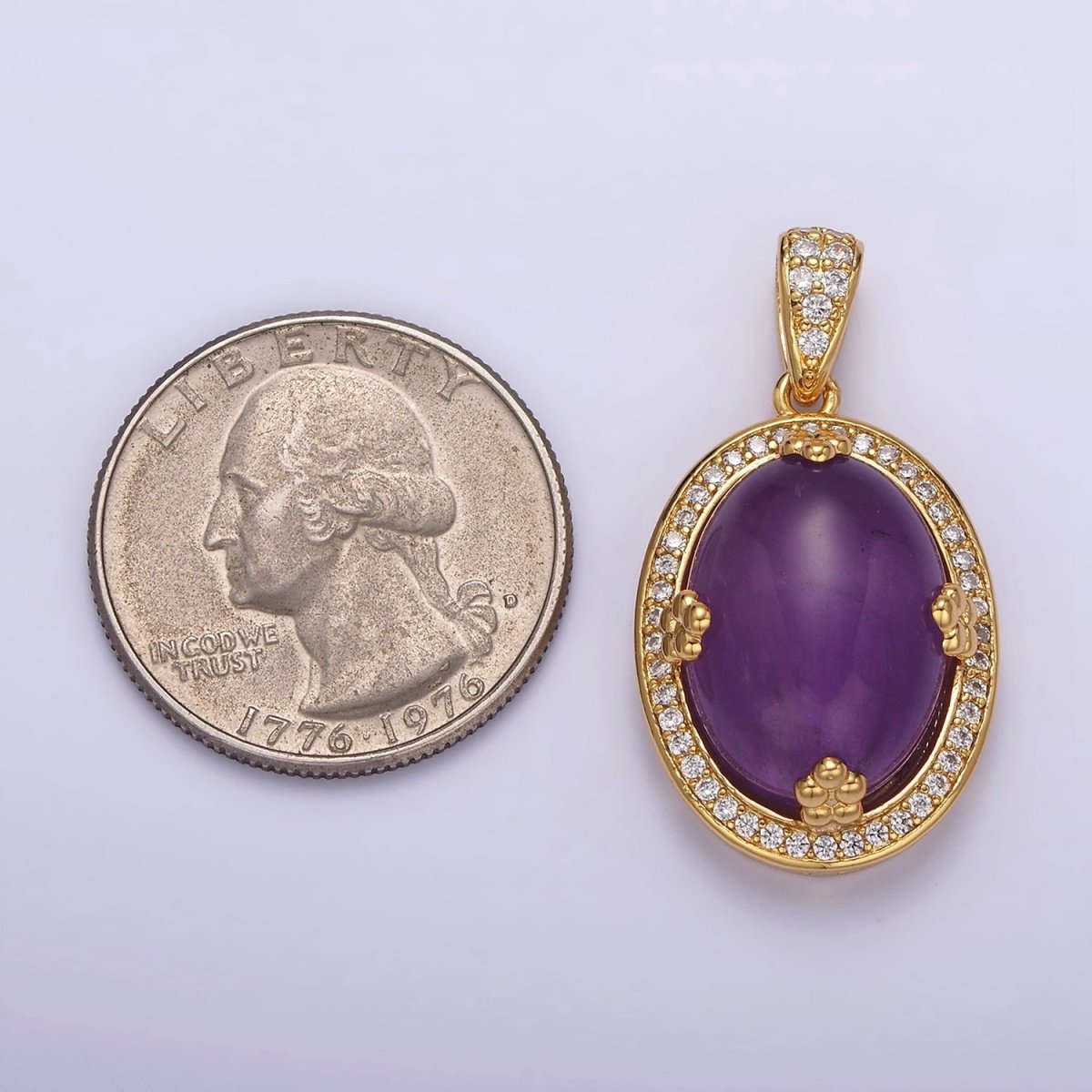 14K Gold Filled Amethyst, Rose Quartz, Aventurine Cabochon Micro Paved CZ Pendant | AA686 - AA688 - DLUXCA