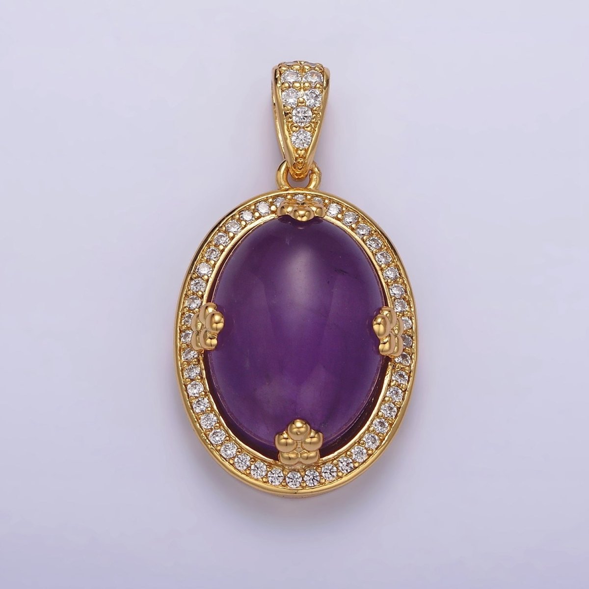 14K Gold Filled Amethyst, Rose Quartz, Aventurine Cabochon Micro Paved CZ Pendant | AA686 - AA688 - DLUXCA