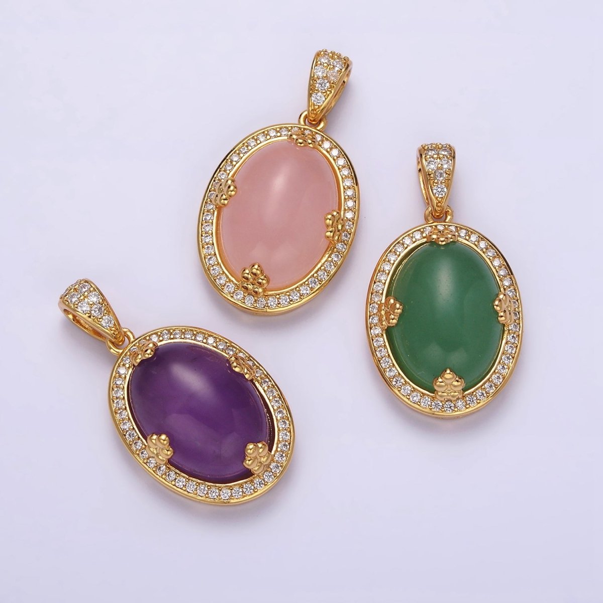 14K Gold Filled Amethyst, Rose Quartz, Aventurine Cabochon Micro Paved CZ Pendant | AA686 - AA688 - DLUXCA