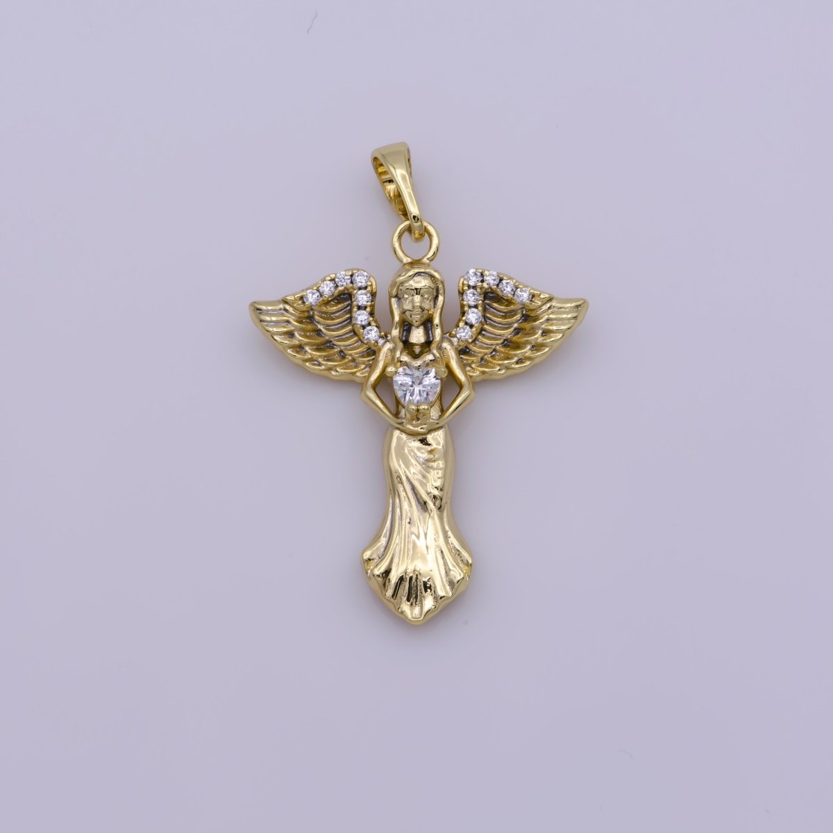14k Gold Filled Angel Charm Cubic Zirconia Guardian Angel Pendant N-1336 - DLUXCA