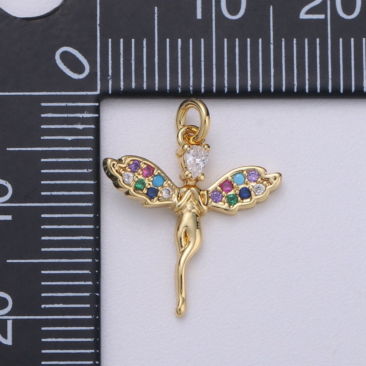 14k Gold Filled Angel Charm Micro Pave Angel Charm, Rainbow Cubic Charms, CZ Gold Colorful Charm, Dainty Minimalist Jewelry SupplyC-467 - DLUXCA
