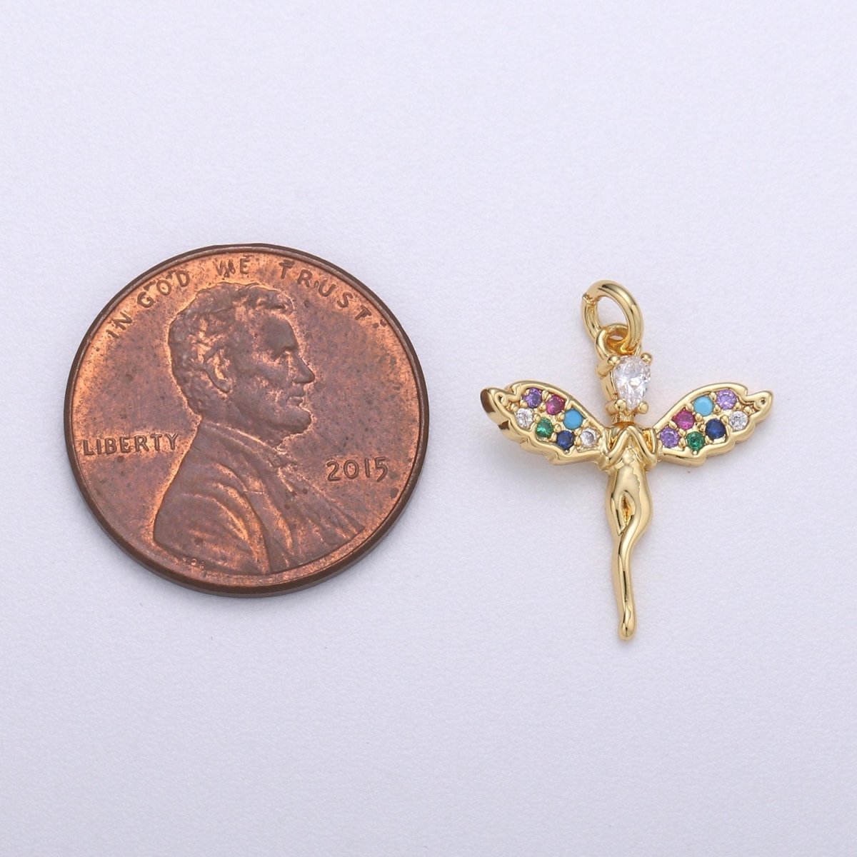 14k Gold Filled Angel Charm Micro Pave Angel Charm, Rainbow Cubic Charms, CZ Gold Colorful Charm, Dainty Minimalist Jewelry SupplyC-467 - DLUXCA