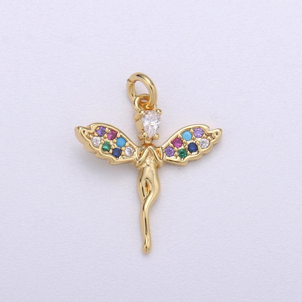 14k Gold Filled Angel Charm Micro Pave Angel Charm, Rainbow Cubic Charms, CZ Gold Colorful Charm, Dainty Minimalist Jewelry SupplyC-467 - DLUXCA