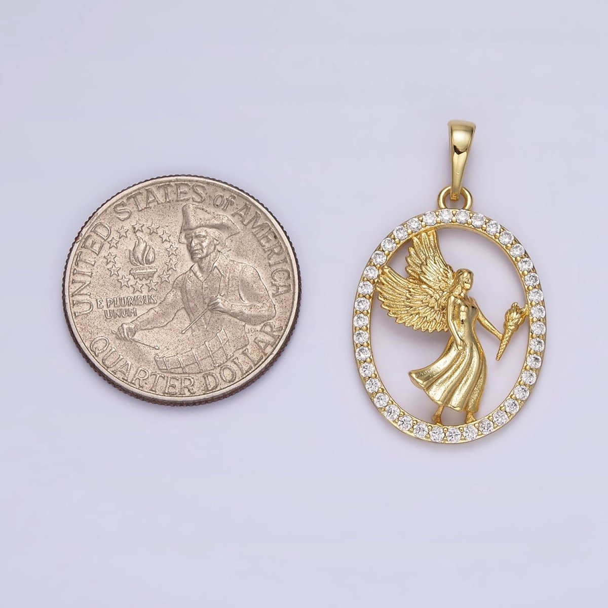 14K Gold Filled Angel Feather Torch Open Micro Paved CZ Oval Pendant | AA652 - DLUXCA