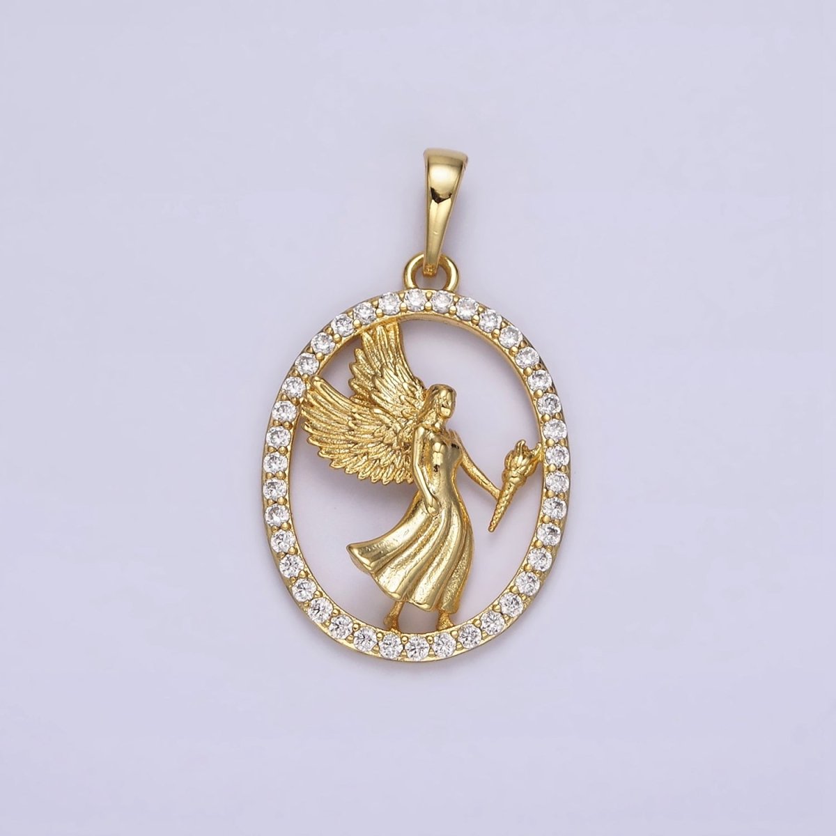 14K Gold Filled Angel Feather Torch Open Micro Paved CZ Oval Pendant | AA652 - DLUXCA