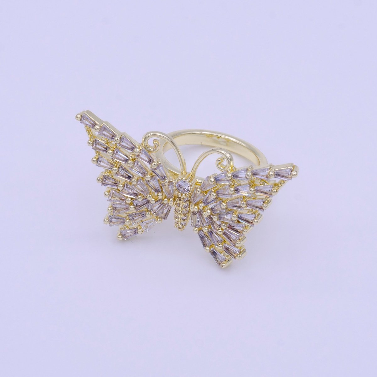 14K Gold Filled Antenna Butterfly Clear Triangle CZ Wings Adjustable Ring | O-007 - DLUXCA