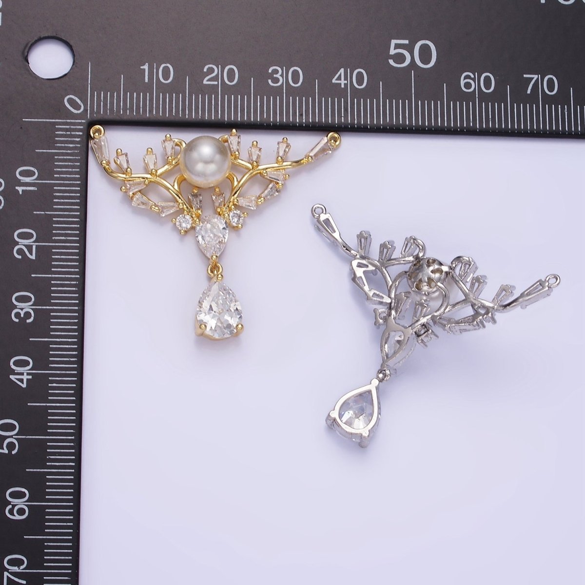 14K Gold Filled Artisan Curved Pearl Baguette Teardrop Drop Connector in Gold & Silver | G283 - DLUXCA