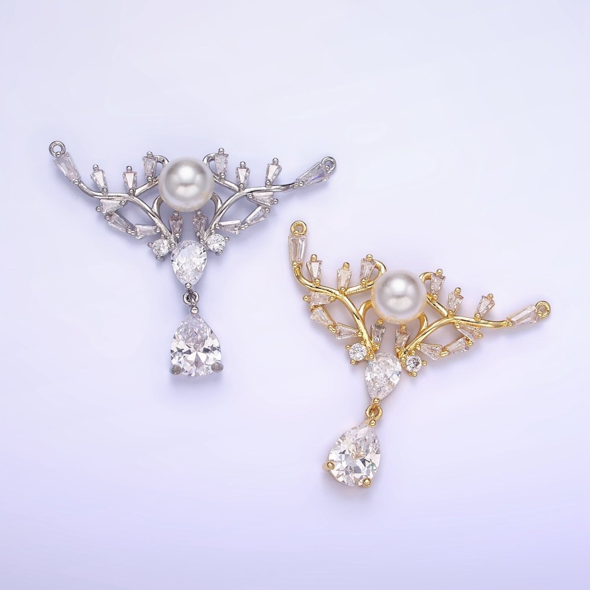 14K Gold Filled Artisan Curved Pearl Baguette Teardrop Drop Connector in Gold & Silver | G283 - DLUXCA