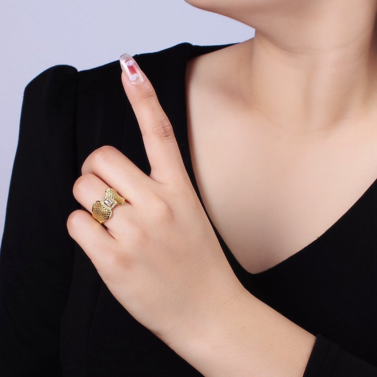 14K Gold Filled Baguette CZ Micro Paved Rhombus Filigree Wide Ring | O1353 - DLUXCA