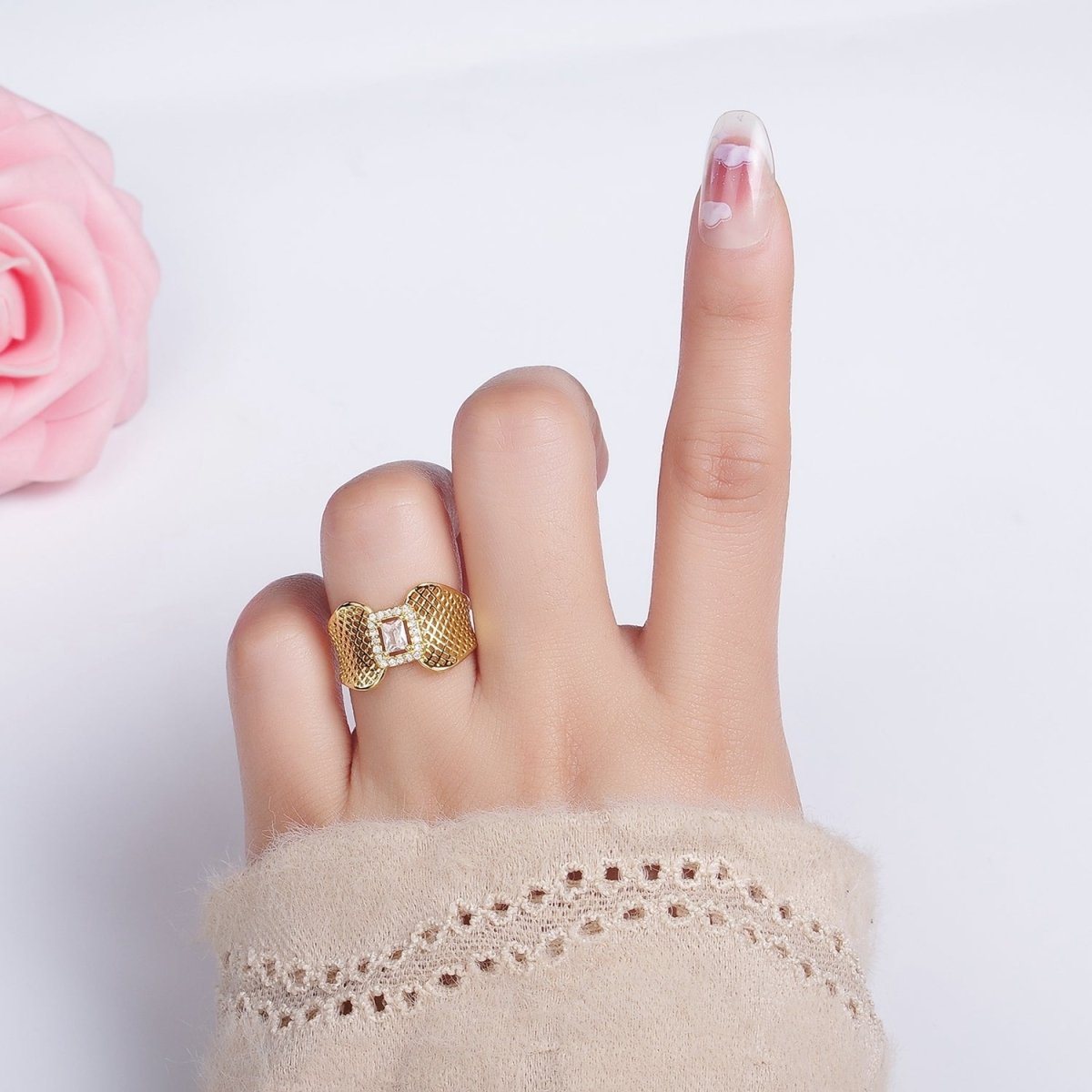 14K Gold Filled Baguette CZ Micro Paved Rhombus Filigree Wide Ring | O1353 - DLUXCA