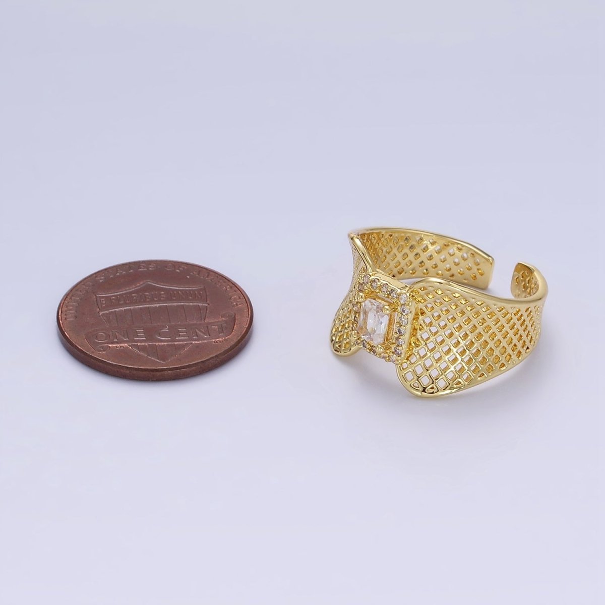 14K Gold Filled Baguette CZ Micro Paved Rhombus Filigree Wide Ring | O1353 - DLUXCA